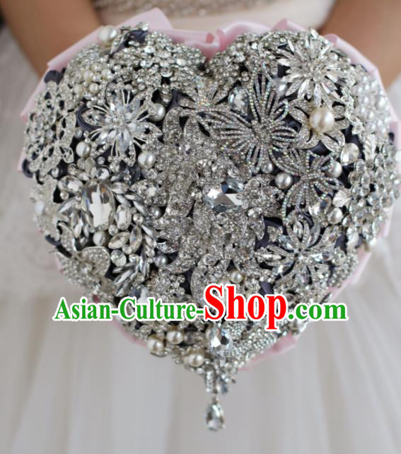 Top Grade Wedding Bridal Bouquet Hand Emulational Crystal Heart Shape Tied Bouquet Flowers for Women