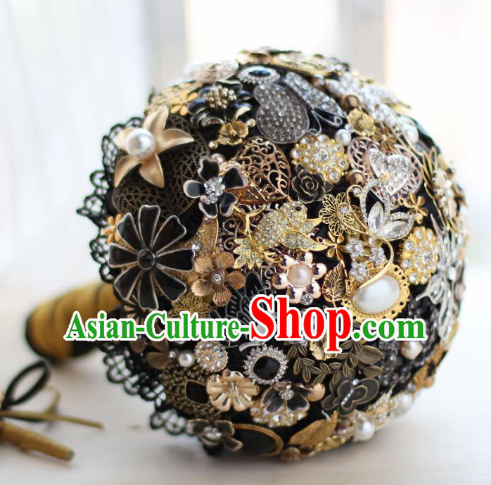 Top Grade Wedding Bridal Bouquet Hand Crystal Black Ball Tied Bouquet Flowers for Women