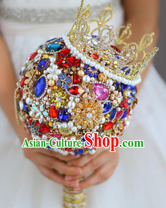 Top Grade Wedding Bridal Bouquet Hand Colorful Crystal Ball Tied Bouquet Flowers for Women