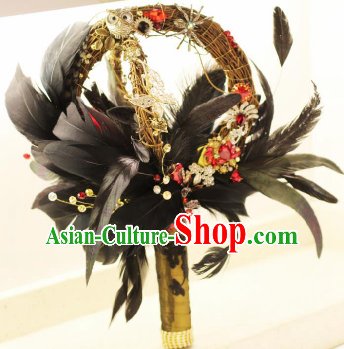 Top Grade Wedding Bridal Bouquet Hand Black Feather Ball Tied Bouquet Flowers for Women