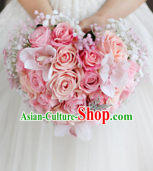 Top Grade Wedding Bridal Bouquet Hand Pink Roses Ball Tied Bouquet Flowers for Women