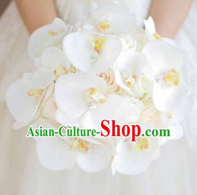 Top Grade Wedding Bridal Bouquet Hand White Phalaenopsis Ball Tied Bouquet Flowers for Women