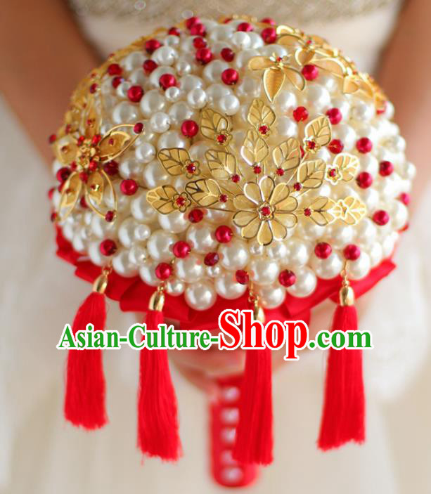 Top Grade Wedding Bridal Bouquet Hand Pearls Ball Tied Bouquet Flowers for Women