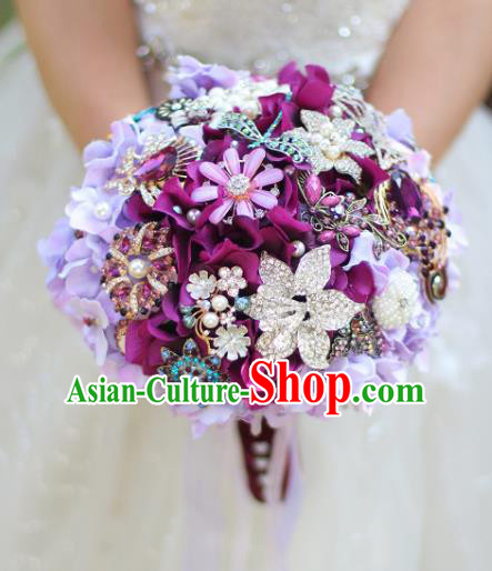 Top Grade Wedding Bridal Bouquet Hand Emulational Purple Ball Tied Bouquet Flowers for Women