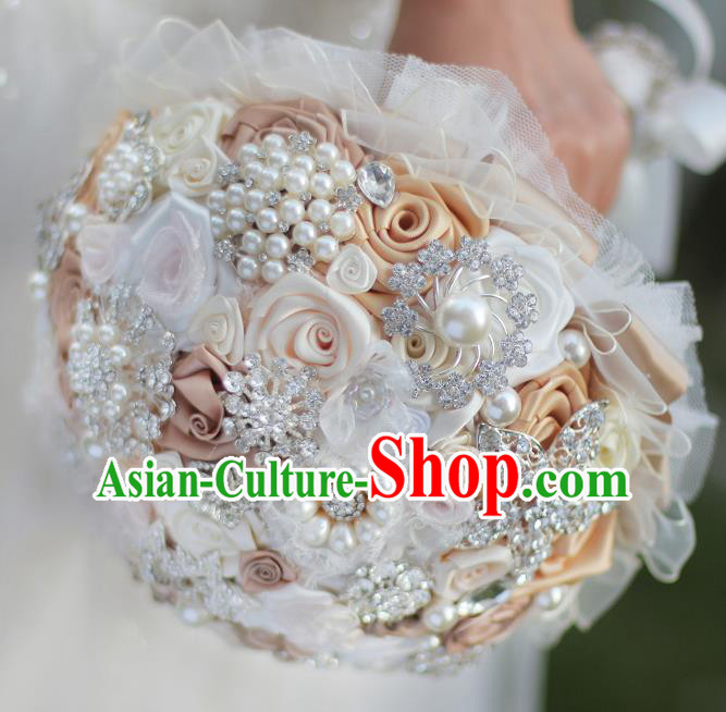 Top Grade Wedding Bridal Bouquet Hand Emulational Champagne Roses Ball Tied Bouquet Flowers for Women