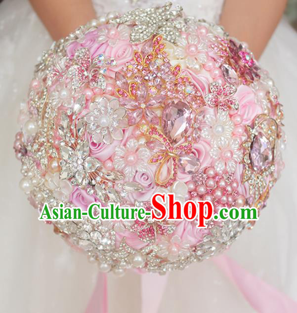 Top Grade Wedding Bridal Bouquet Hand Emulational Crystal Pink Rose Ball Tied Bouquet Flowers for Women