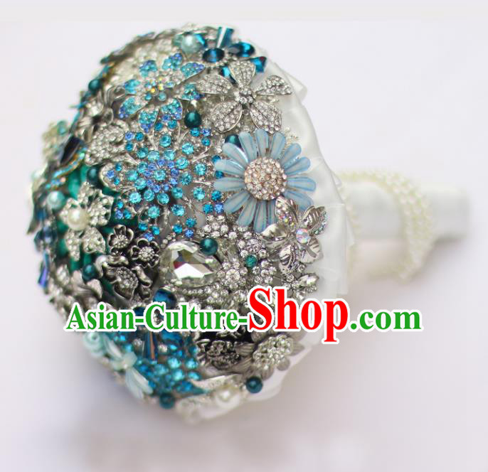 Top Grade Wedding Bridal Bouquet Hand Blue Crystal Flowers Ball Tied Bouquet Flowers for Women