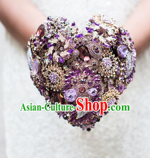 Top Grade Wedding Bridal Bouquet Hand Purple Crystal Flowers Ball Tied Bouquet Flowers for Women
