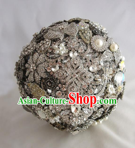 Top Grade Wedding Bridal Bouquet Hand Crystal Black Ball Tied Bouquet Flowers for Women