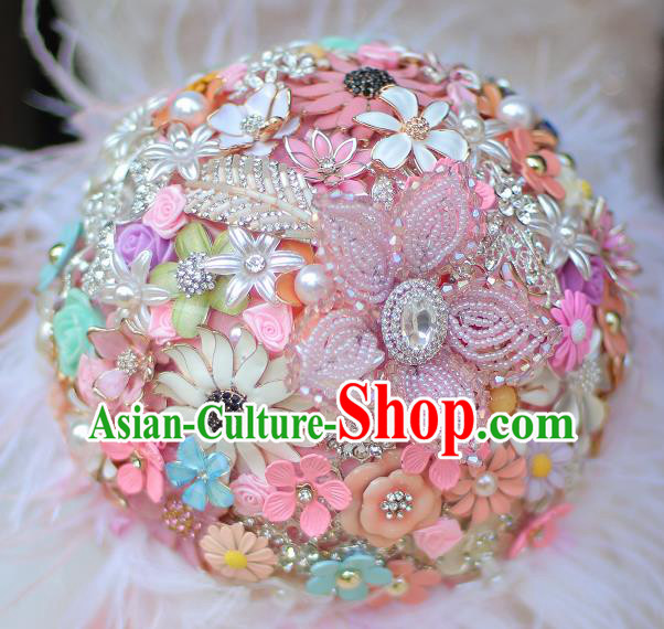 Top Grade Wedding Bridal Bouquet Hand Pink Beads Ball Tied Bouquet Flowers for Women