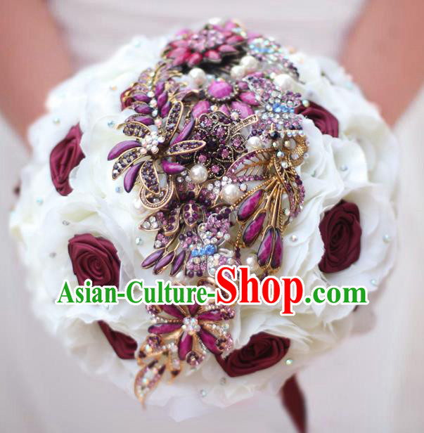 Top Grade Wedding Bridal Bouquet Hand Purple Crystal Roses Ball Tied Bouquet Flowers for Women