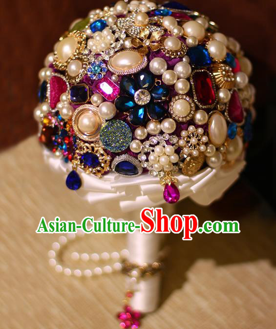 Top Grade Wedding Bridal Bouquet Hand Crystal Pearls Ball Tied Bouquet Flowers for Women