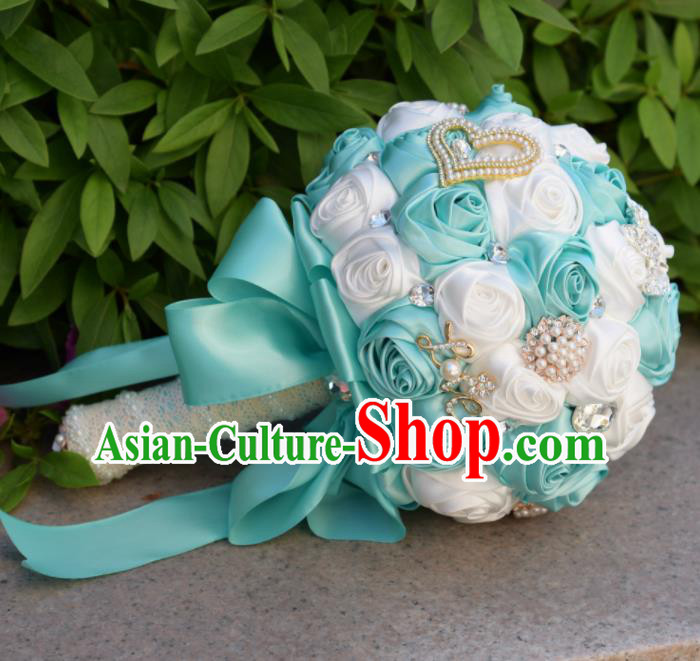 Chinese Traditional Wedding Bridal Bouquet Blue and White Rose Flowers Bunch for Women