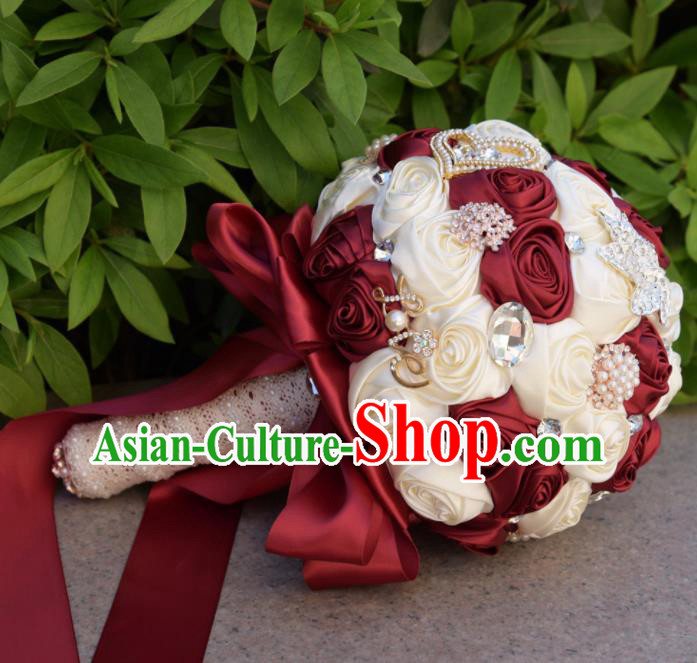Chinese Traditional Wedding Bridal Bouquet Wine Red and White Rose Flowers Bunch for Women