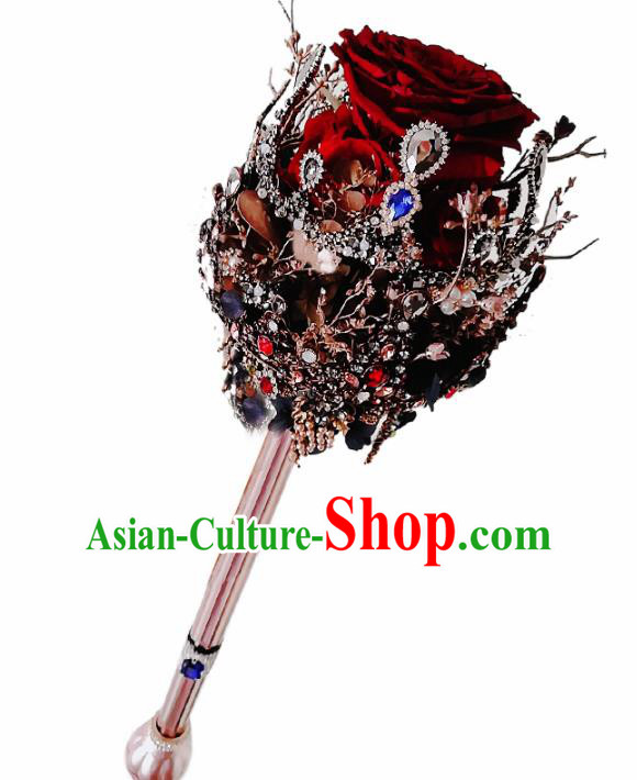 Chinese Traditional Wedding Bridal Bouquet Hand Red Rose Bunch Scepter for Women