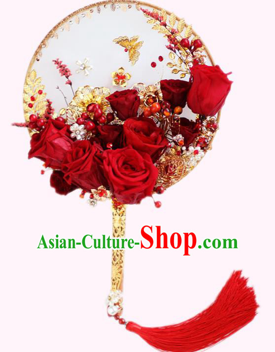 Chinese Traditional Wedding Round Fans Classical Bride Red Roses Palace Fan for Women