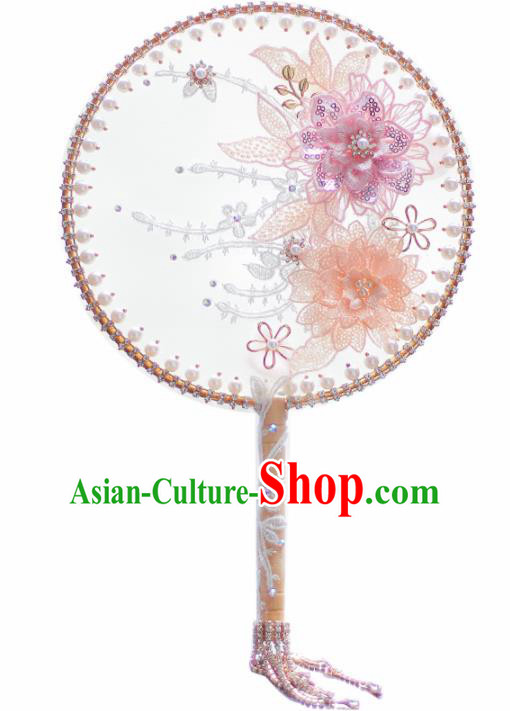 Chinese Traditional Wedding Round Fans Classical Bride Pink Flower Palace Fan for Women