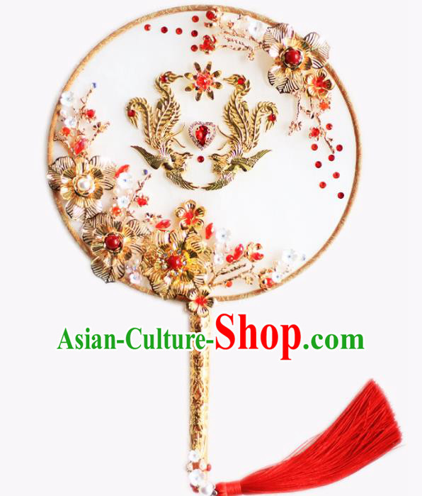 Chinese Traditional Wedding Round Fans Classical Bride Red Crystal Golden Phoenix Palace Fan for Women