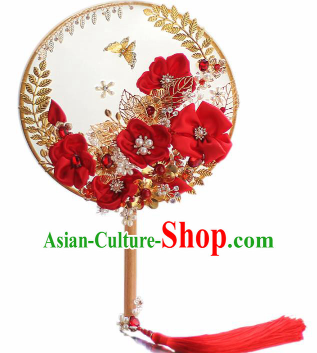 Chinese Traditional Wedding Round Fans Classical Bride Red Silk Flowers Palace Fan for Women