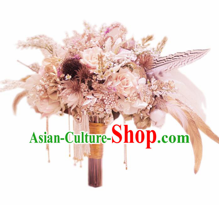 Chinese Traditional Wedding Bridal Bouquet Hand Purple Flowers Feather Bunch for Women