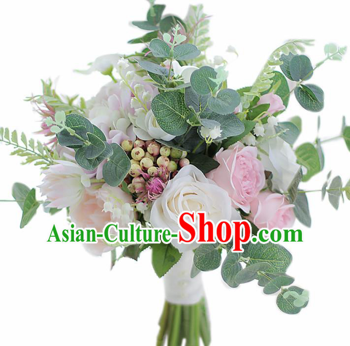 Top Grade Wedding Bridal Bouquet Hand White Rose Flowers Bunch for Women