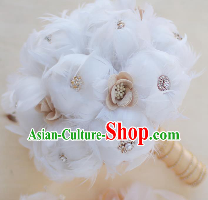 Top Grade Wedding Bridal Bouquet Hand White Feather Flowers Bunch for Women