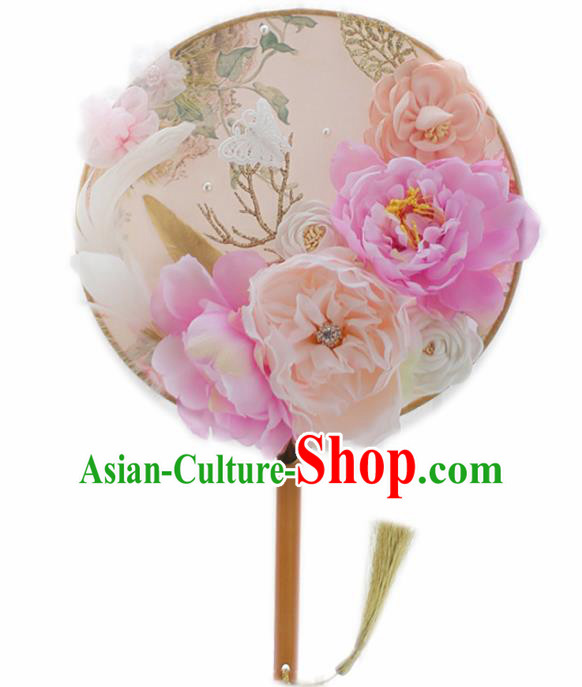 Chinese Traditional Wedding Round Fans Classical Bride Pink Peony Palace Fan for Women