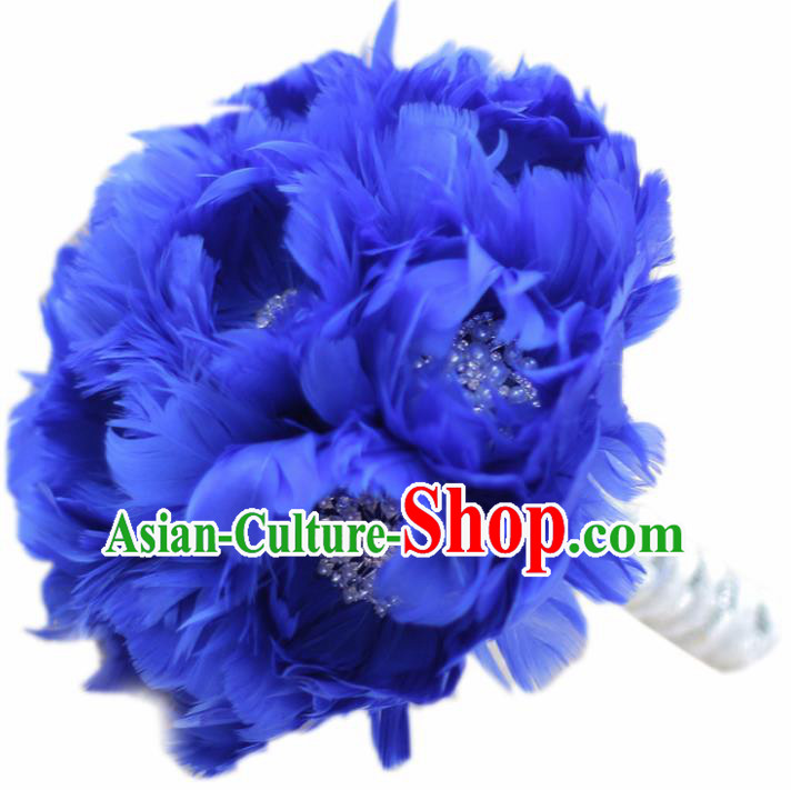 Top Grade Wedding Bridal Bouquet Hand Royalblue Feather Flowers Bunch for Women
