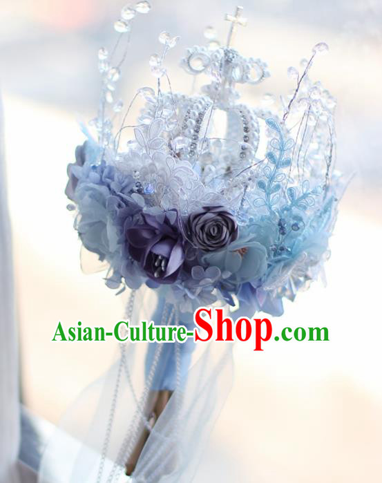 Top Grade Wedding Bridal Bouquet Hand Blue Flowers Royal Crown Bunch for Women