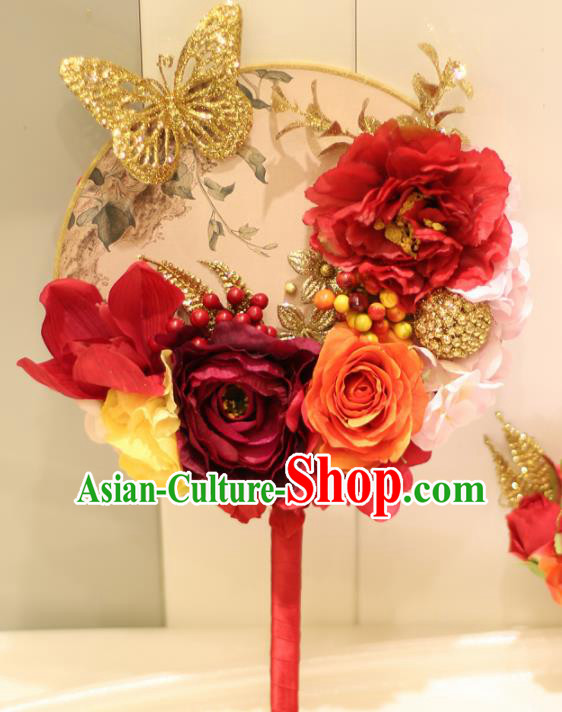 Chinese Traditional Wedding Round Fans Classical Bride Peony Flowers Palace Fan for Women