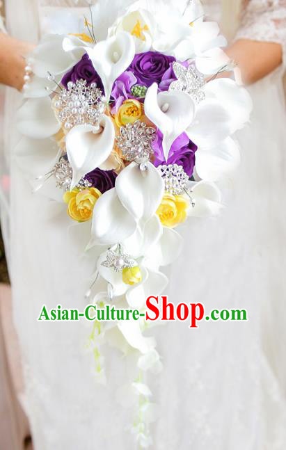 Top Grade Wedding Bridal Bouquet Hand Purple Roses Common Callalily Bunch for Women