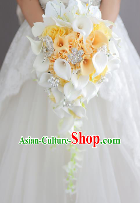 Top Grade Wedding Bridal Bouquet Hand Yellow Roses Common Callalily Bunch for Women