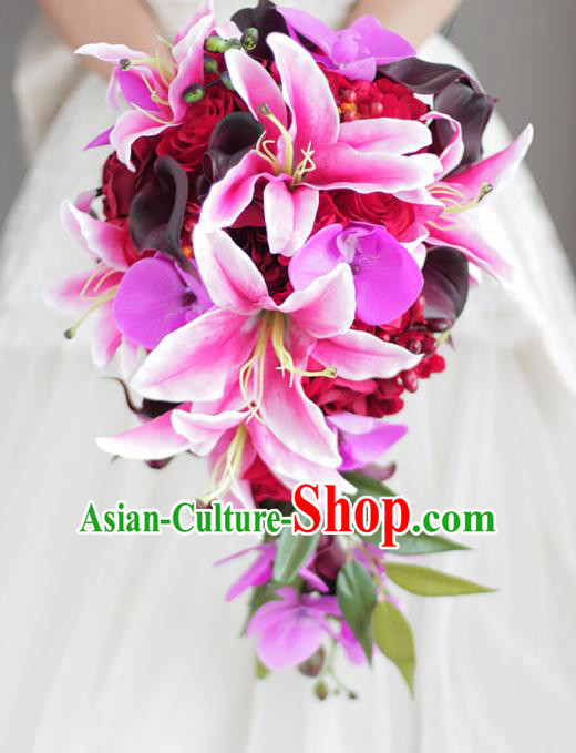 Top Grade Wedding Bridal Bouquet Hand Red Roses Lily Flowers Bunch for Women