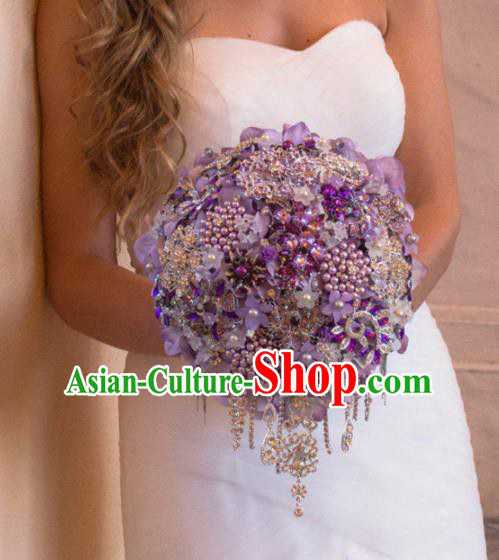 Top Grade Wedding Bridal Bouquet Hand Purple Flowers Beads Bunch for Women