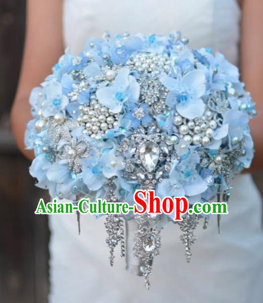 Top Grade Wedding Bridal Bouquet Hand Blue Flowers Beads Bunch for Women