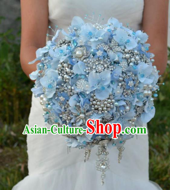 Top Grade Wedding Bridal Bouquet Hand Blue Flowers Beads Bunch for Women