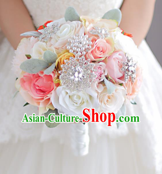 Top Grade Wedding Bridal Bouquet Hand White and Pink Rose Flowers Bunch for Women