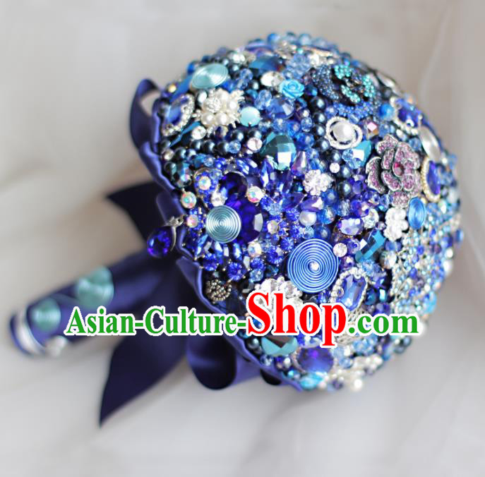 Top Grade Wedding Bridal Bouquet Hand Blue Crystal Flowers Bunch for Women