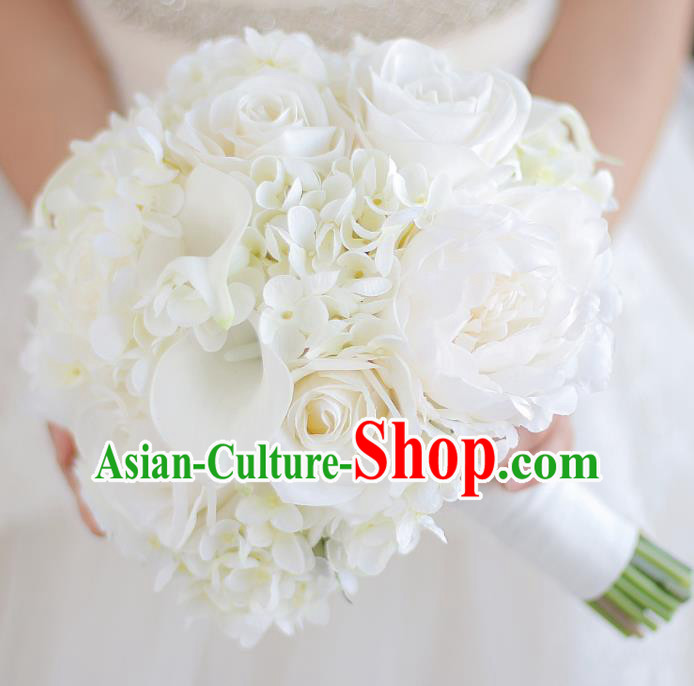 Top Grade Wedding Bridal Bouquet Hand White Rose Flowers Bunch for Women