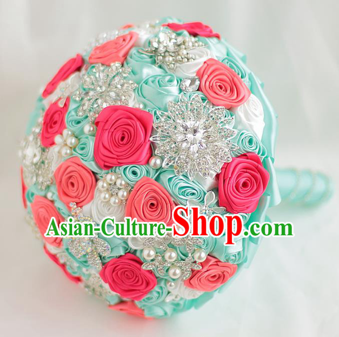 Top Grade Wedding Bridal Bouquet Hand Crystal Rose Flowers Bunch for Women
