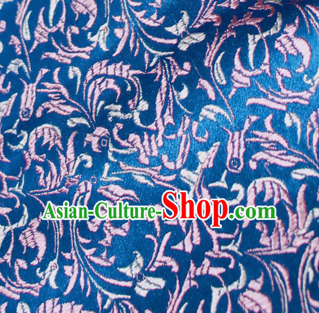 Asian Chinese Royal Feather Flowers Pattern Blue Brocade Fabric Traditional Silk Fabric Tang Suit Material