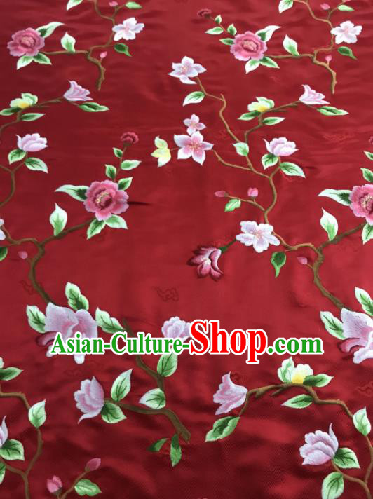 Asian Chinese Royal Embroidered Flowers Pattern Red Brocade Fabric Traditional Cheongsam Silk Fabric Material