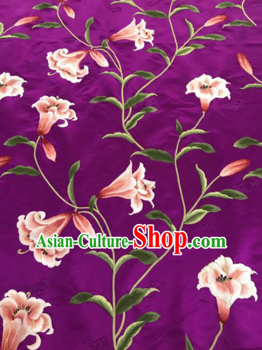 Asian Chinese Embroidered Greenish Lily Flower Pattern Purple Brocade Fabric Traditional Cheongsam Silk Fabric Material