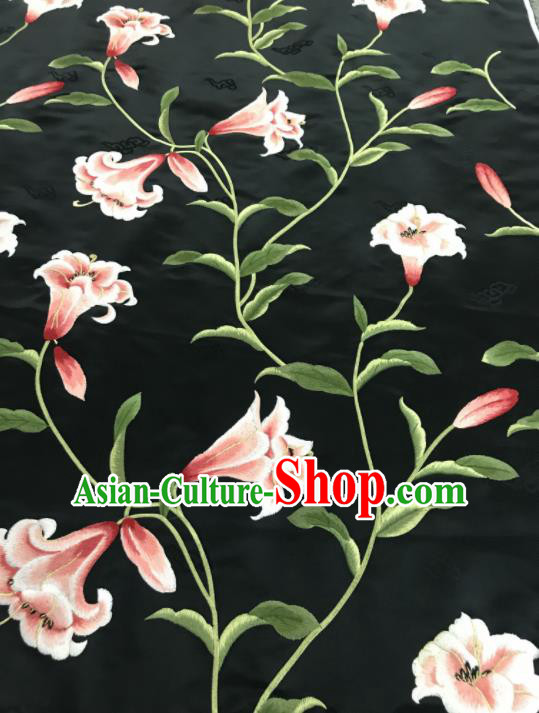 Asian Chinese Embroidered Greenish Lily Flower Pattern Black Brocade Fabric Traditional Cheongsam Silk Fabric Material