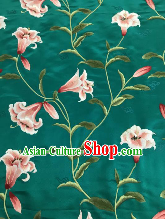 Asian Chinese Embroidered Greenish Lily Flower Pattern Green Brocade Fabric Traditional Cheongsam Silk Fabric Material