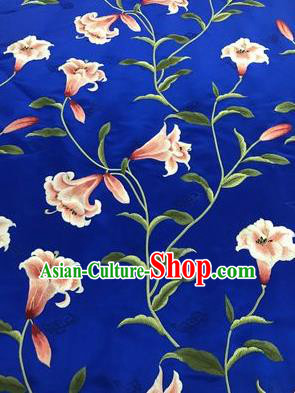 Asian Chinese Embroidered Greenish Lily Flower Pattern Royalblue Brocade Fabric Traditional Cheongsam Silk Fabric Material