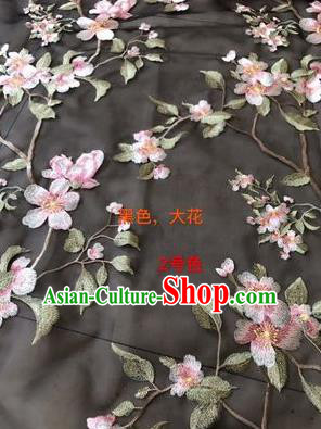 Asian Chinese Embroidered Peach Blossom Pattern Black Silk Fabric Material Traditional Cheongsam Brocade Fabric