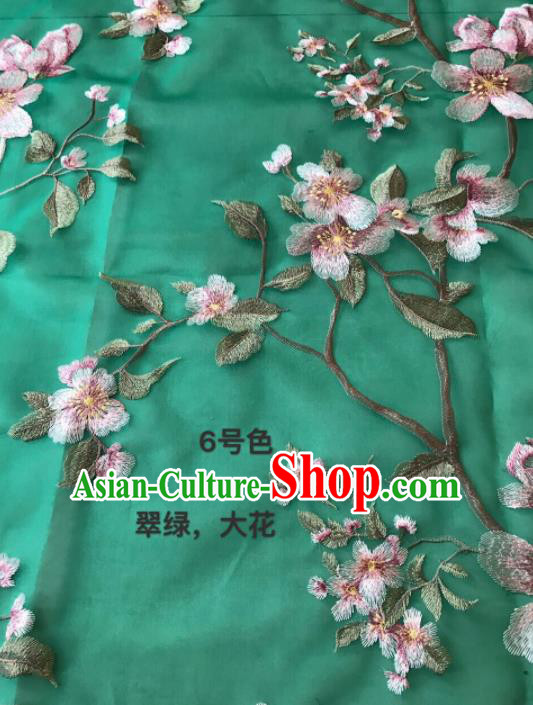 Asian Chinese Embroidered Peach Blossom Pattern Green Silk Fabric Material Traditional Cheongsam Brocade Fabric