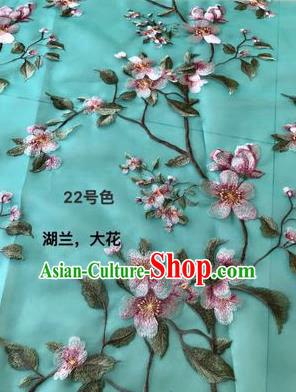 Asian Chinese Embroidered Peach Blossom Pattern Lake Blue Silk Fabric Material Traditional Cheongsam Brocade Fabric