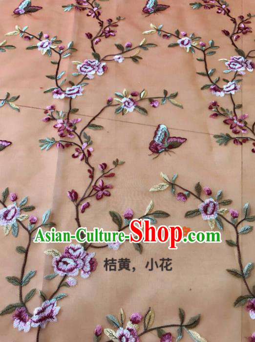 Asian Chinese Embroidered Peach Flowers Pattern Orange Silk Fabric Material Traditional Cheongsam Brocade Fabric